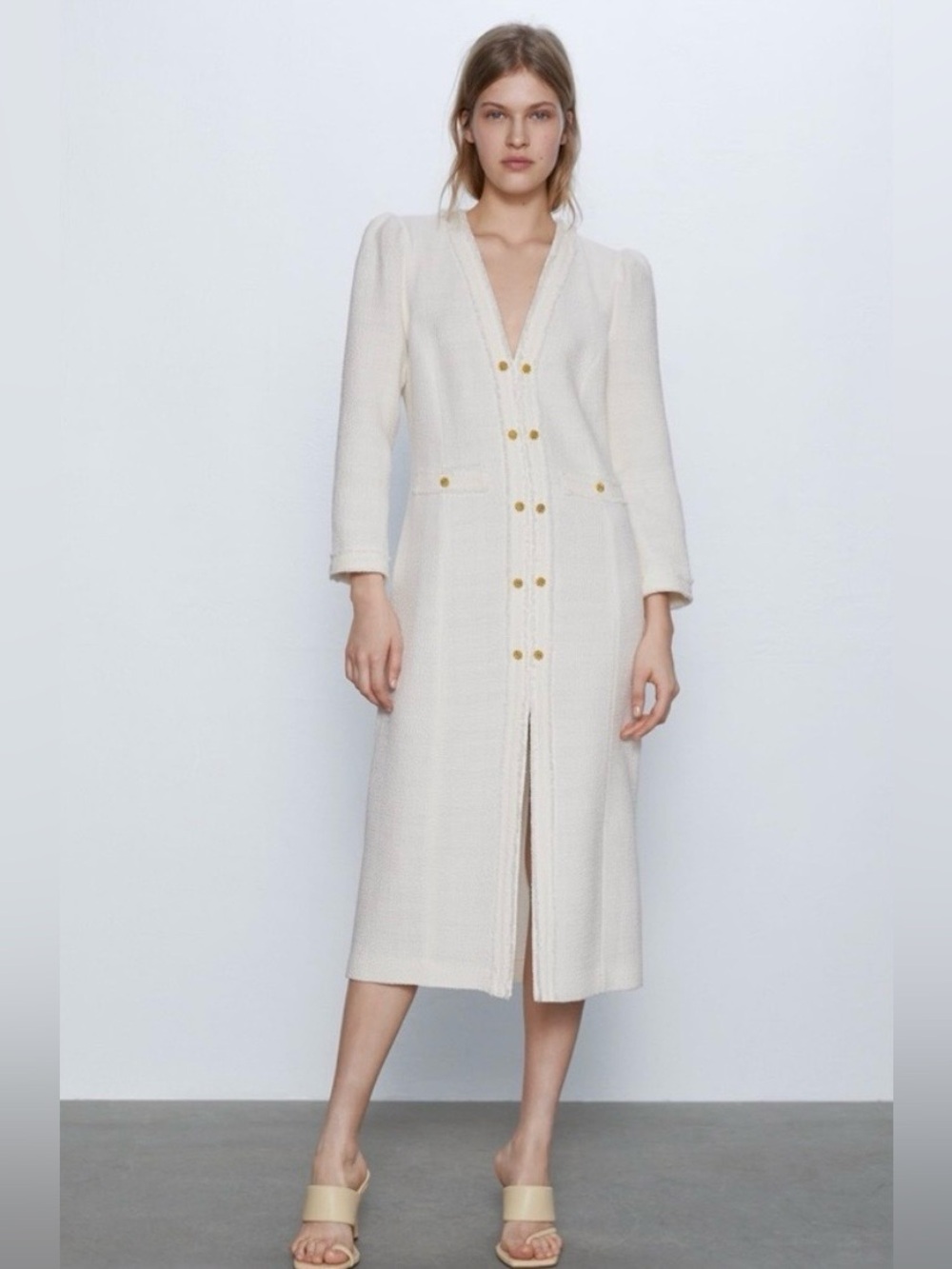 Zara Cream Midi Dress with Gold Buttons